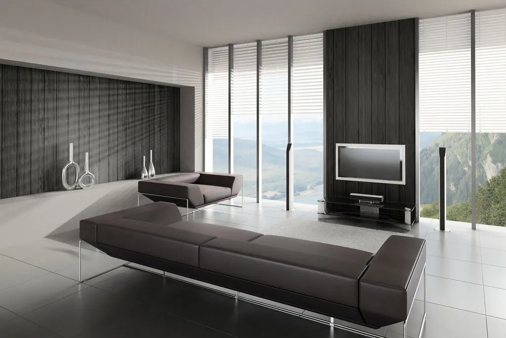 Sala de estar moderna con luz cálida y muebles de madera clara